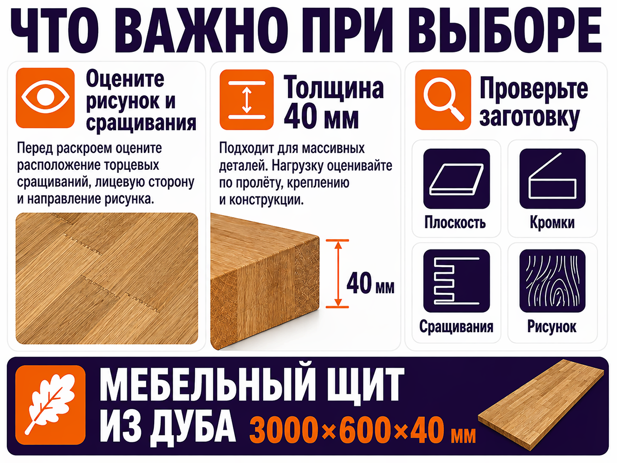 Мебельный щит из дуба сращённый, 3000×600×40 мм, сорт 3/3 фото 5