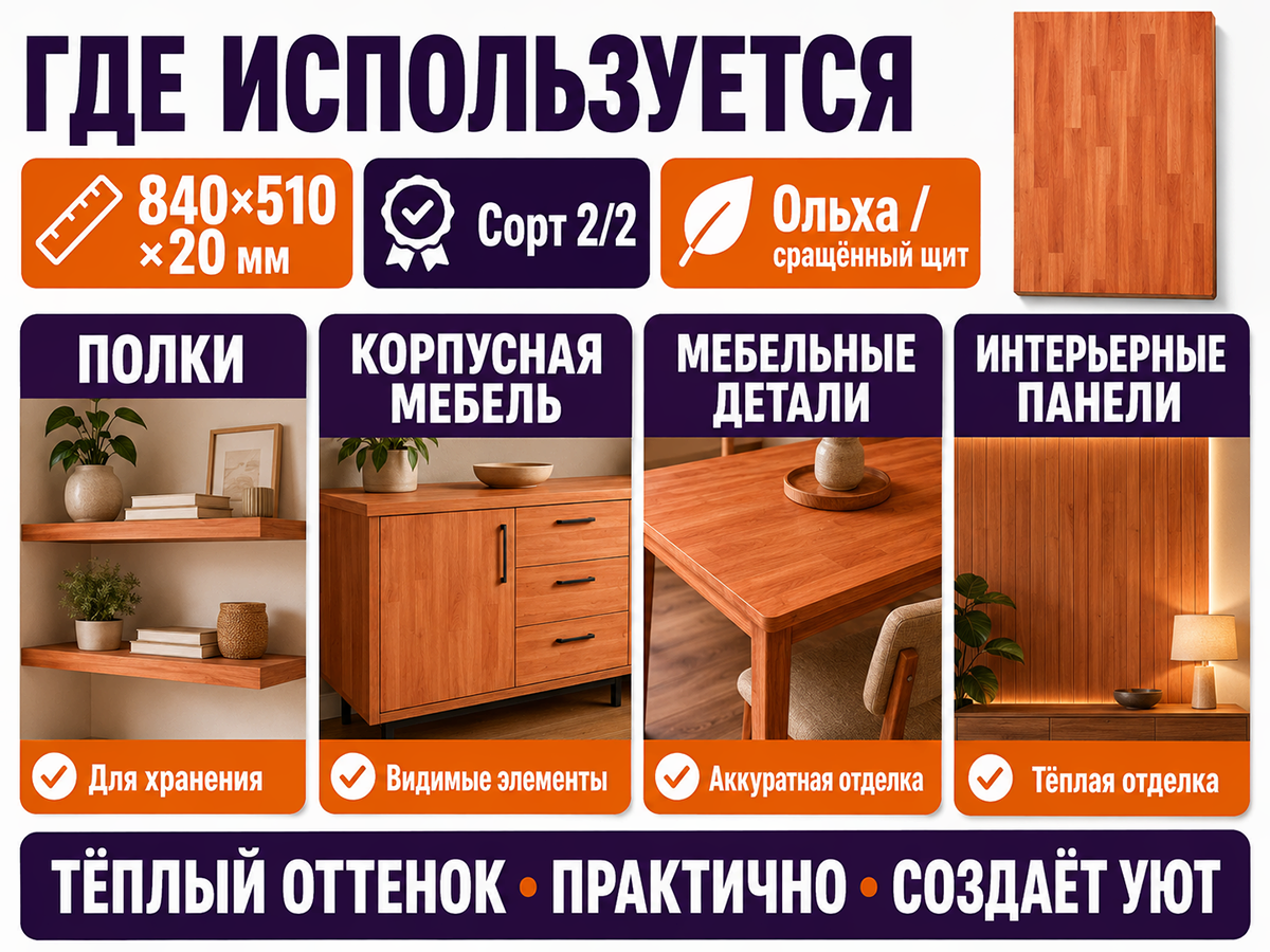 Мебельный щит из ольхи 840×510×20 мм, сорт 2/2, сращённый
