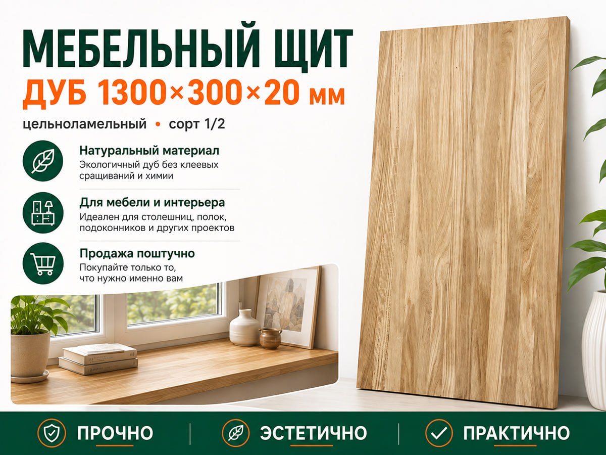 Мебельный щит из дуба 1300×200×20 мм, цельноламельный, сорт 1/2