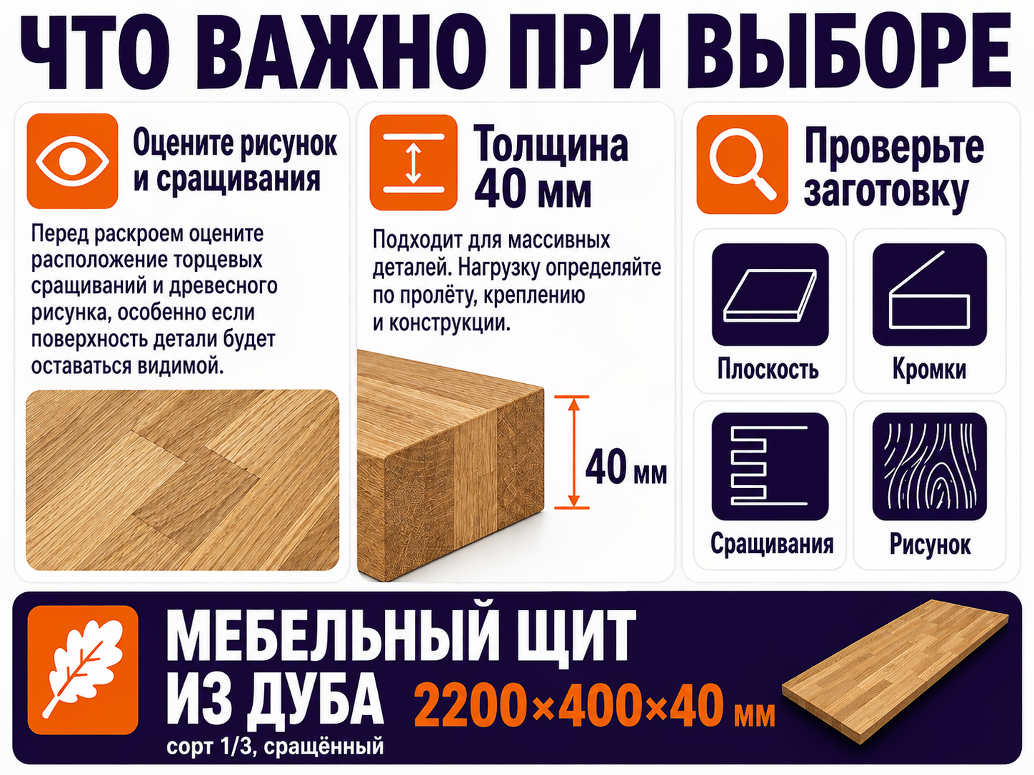 Мебельный щит из дуба сращённый, 2200×400×40 мм, сорт 1/3 фото 4