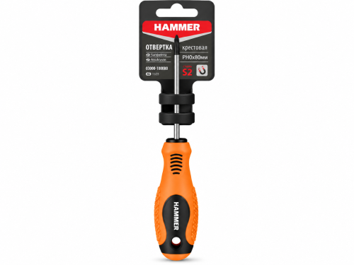 Отвертка крестовая магнитная Hammer PH0×80 мм, 03000-100080
