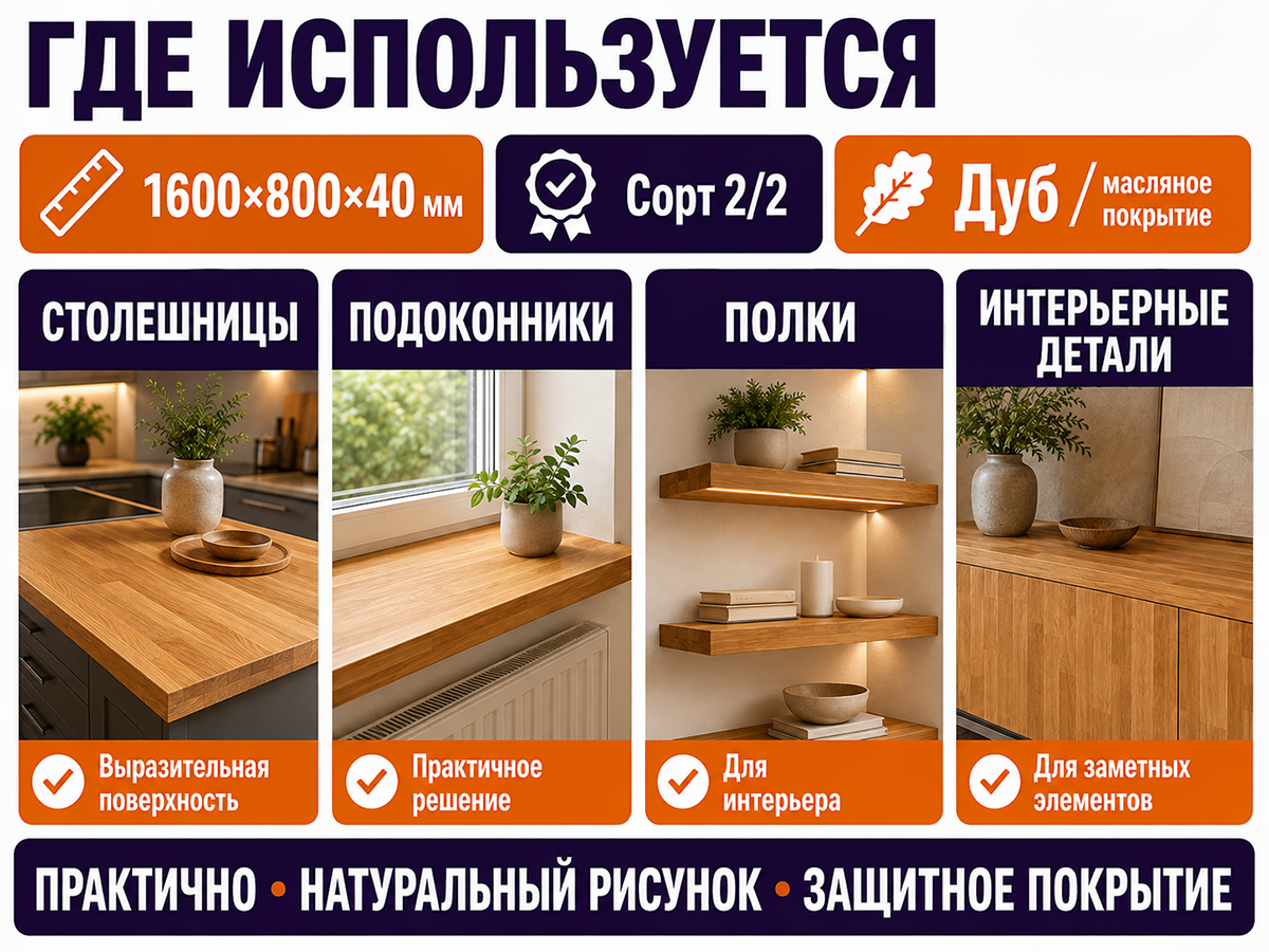 Мебельный щит из дуба, 1600×800×40 мм, сорт 2/2 фото 3