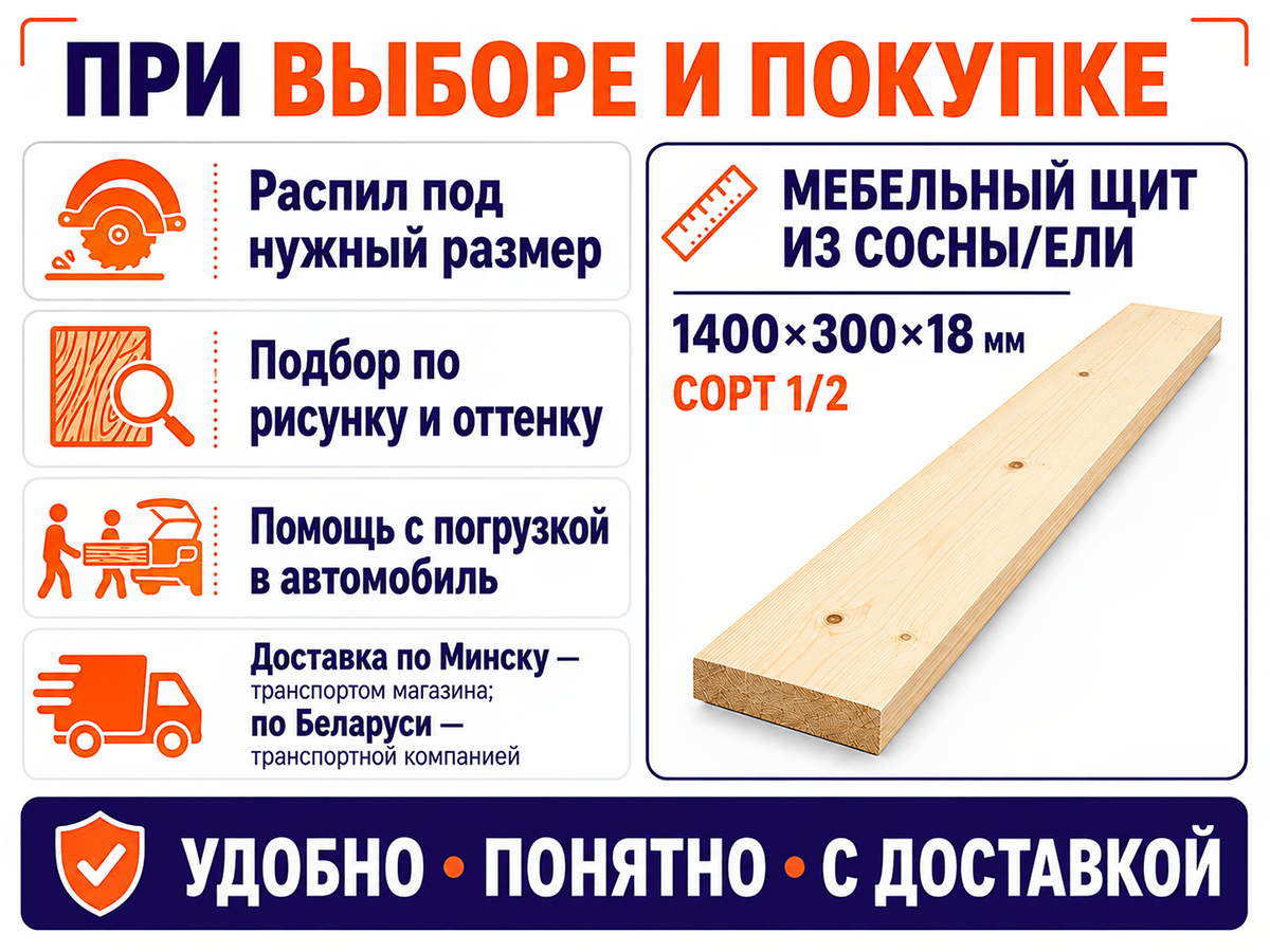 Мебельный щит из сосны/ели 1400×300×18 мм, сорт 1/2