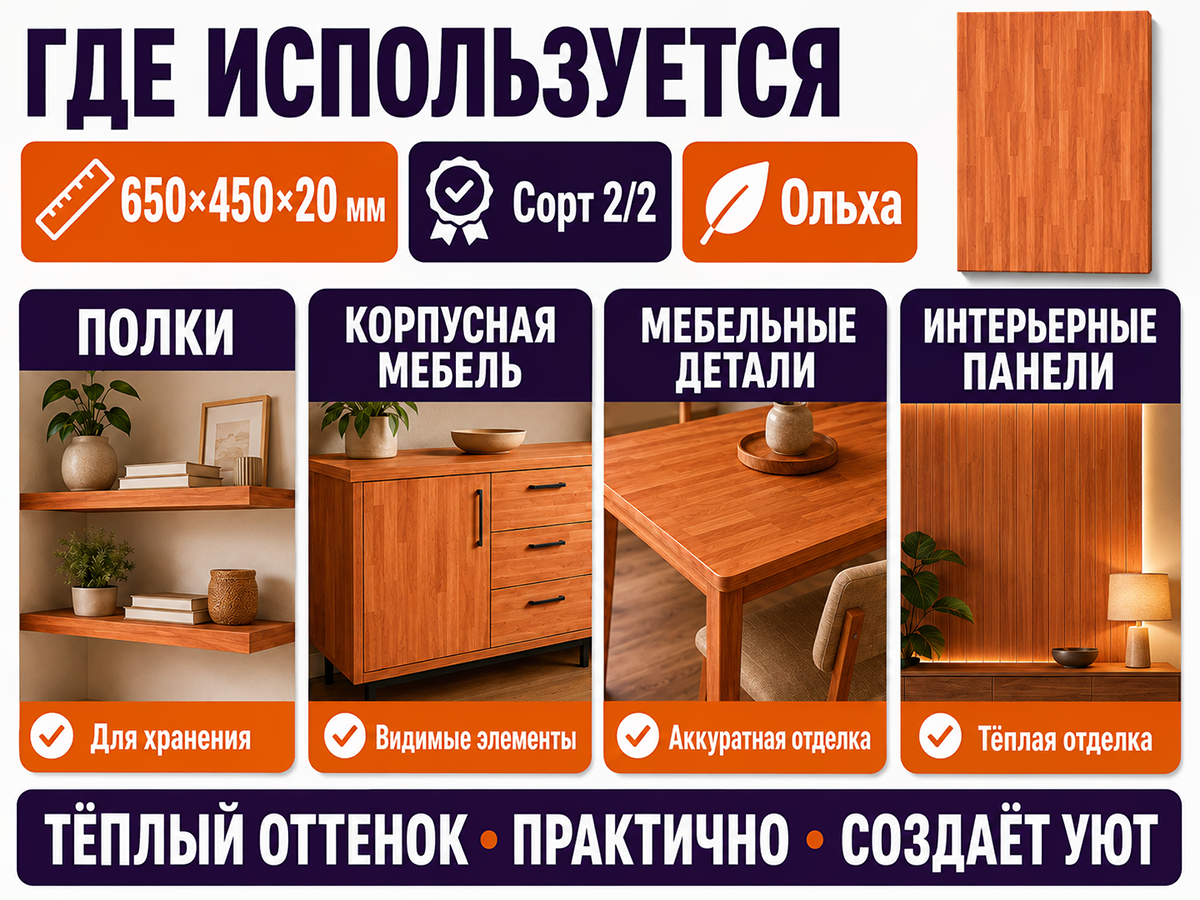 Мебельный щит из ольхи, 650×450×20 мм, сорт 2/2 фото 3