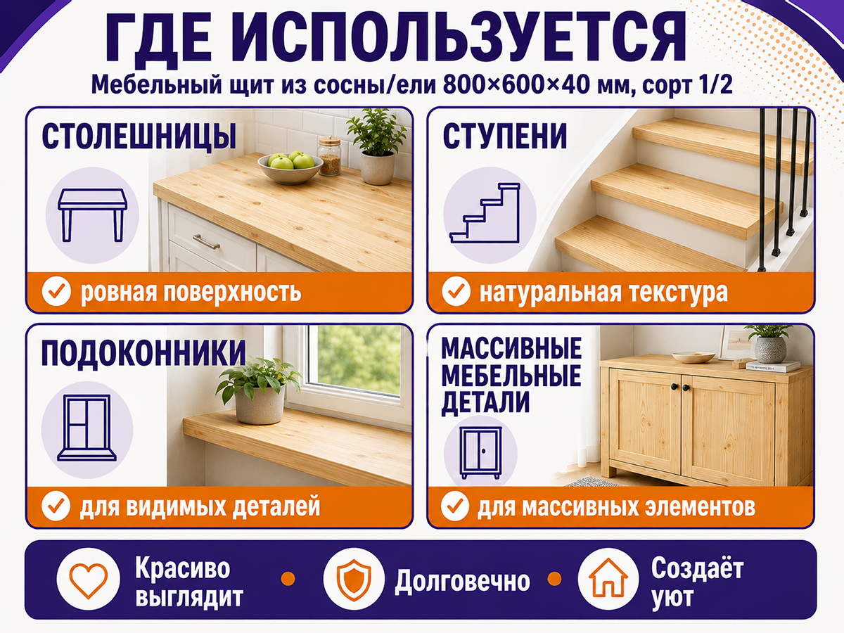 Мебельный щит из хвойных пород, 800×600×40 мм, сорт 1/2 фото 3