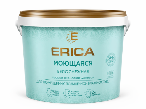 Краска акриловая ERICA моющаяся, белая матовая, 2,7 кг