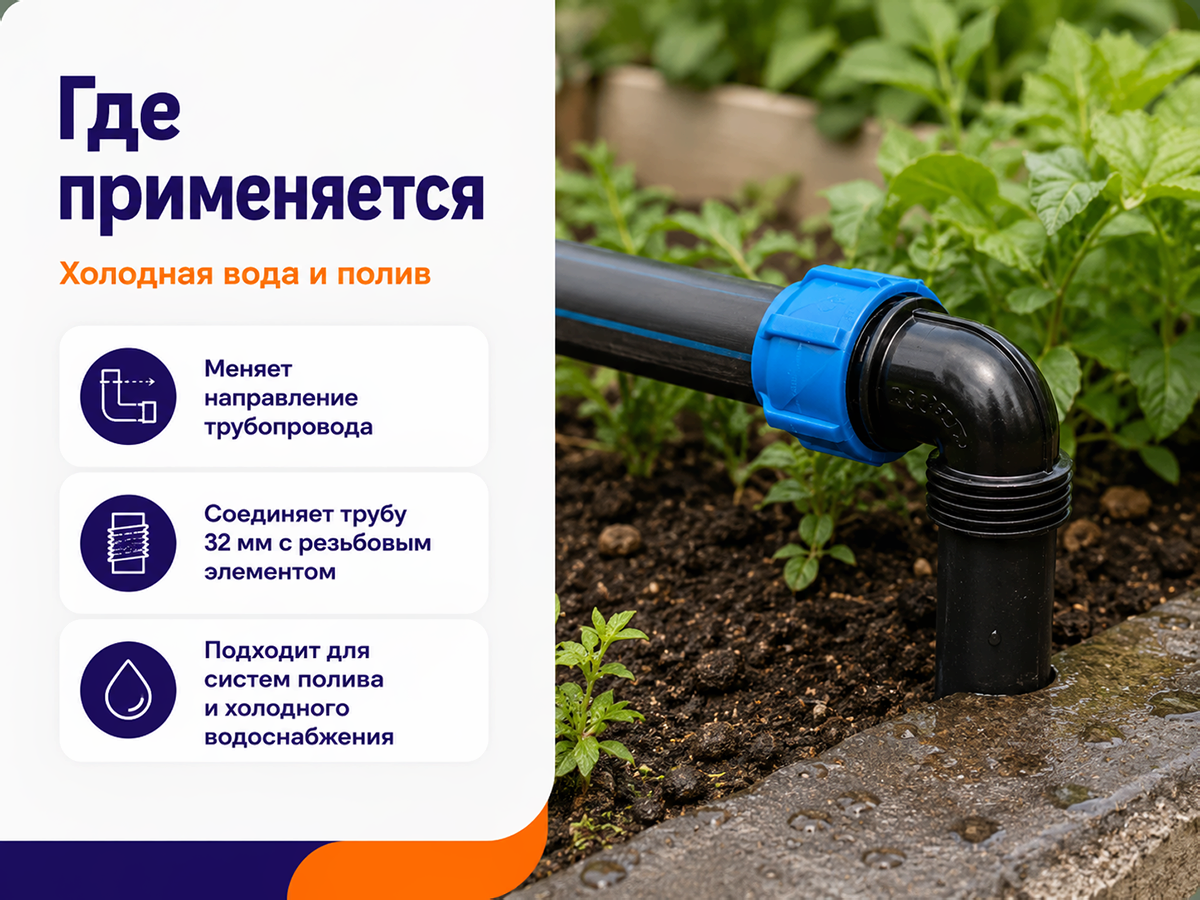 Отвод ПНД компрессионный VALFEX 1210012432034, 32×3/4″ НР, PN16 фото 4
