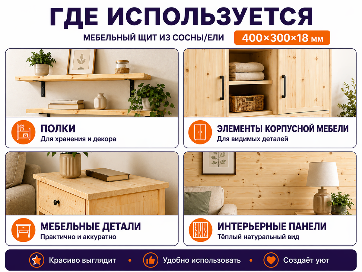 Мебельный щит из сосны/ели 400×300×18 мм, сорт 1/2