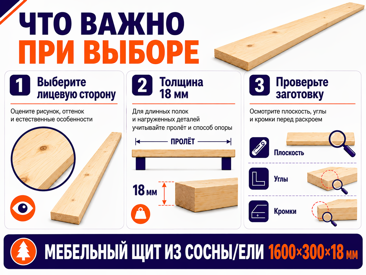 Мебельный щит из сосны/ели 1600×300×18 мм, сорт 1/2
