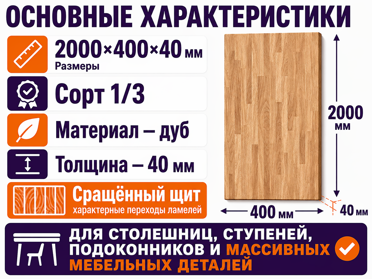 Мебельный щит из дуба сращённый, 2000×400×40 мм, сорт 1/3 фото 2