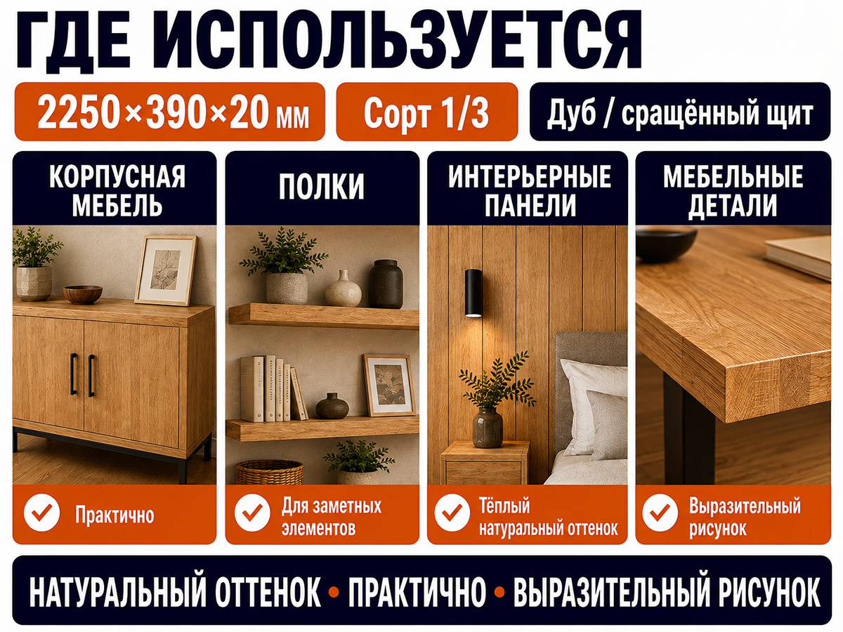 Мебельный щит из дуба сращённый, 2250×390×20 мм, сорт 1/3 фото 3