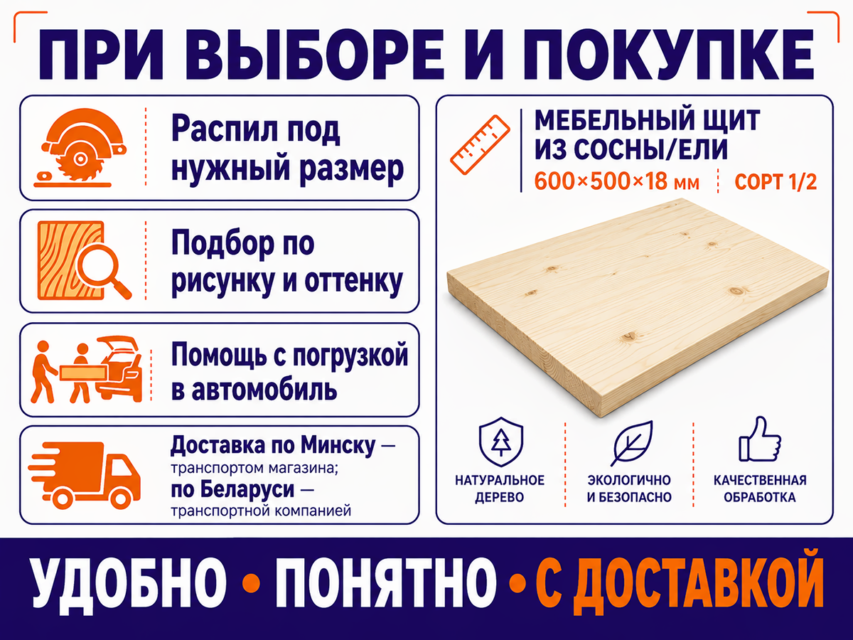 Мебельный щит из сосны/ели 600×500×18 мм, сорт 1/2