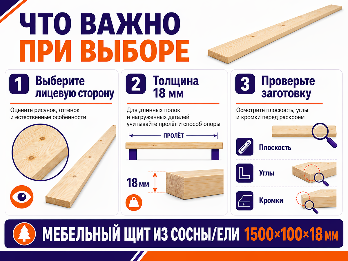 Мебельный щит из сосны/ели 1500×100×18 мм, сорт 1/2