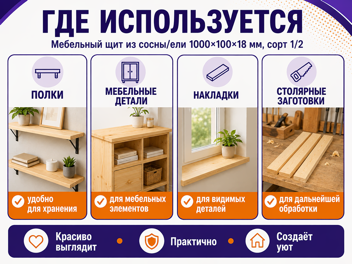 Мебельный щит из сосны/ели 1000×100×18 мм, сорт 1/2