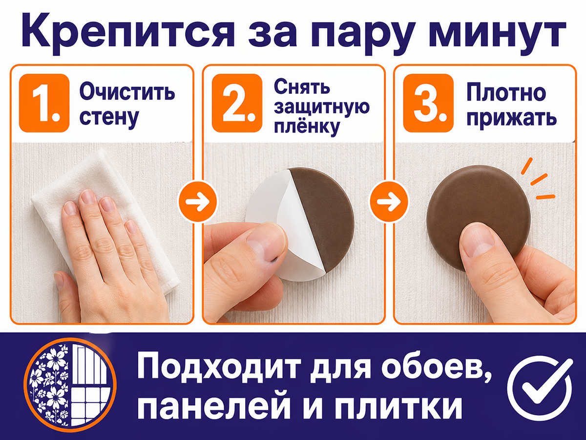 PALLADIUM стопор настенный самоклеящийся, Ø40 мм, коричневый, 2 шт фото 4