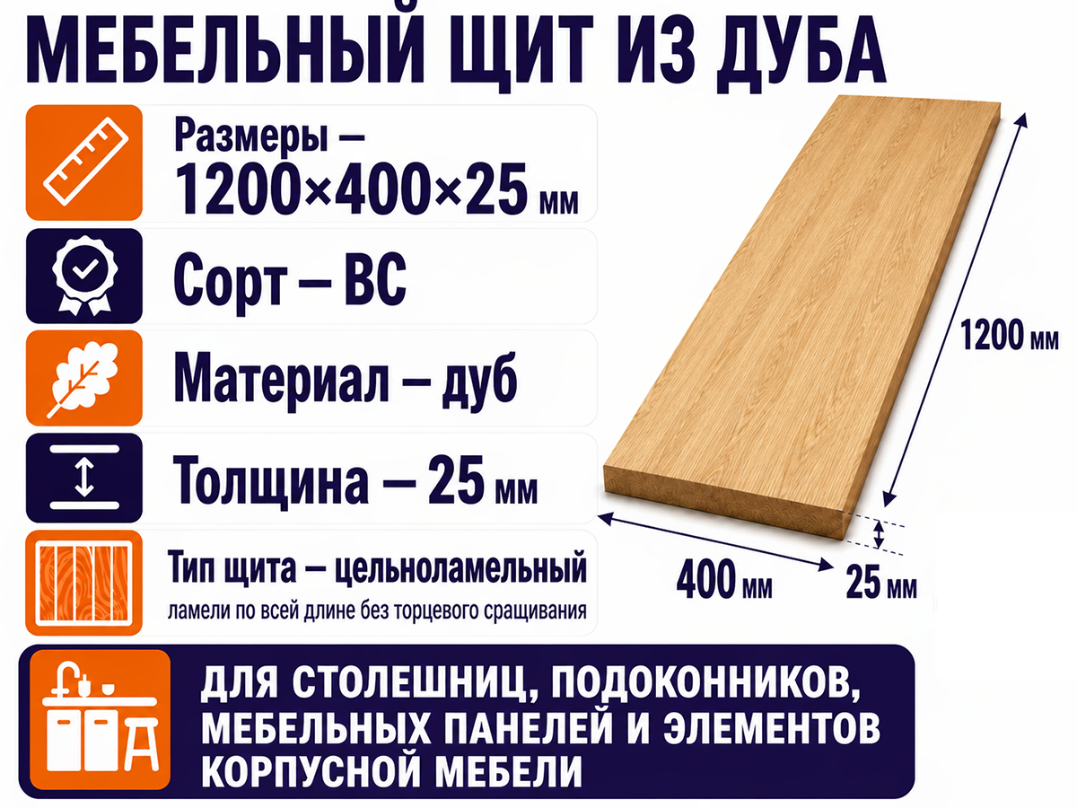Мебельный щит из дуба цельноламельный, 1200×400×25 мм, сорт ВС фото 2