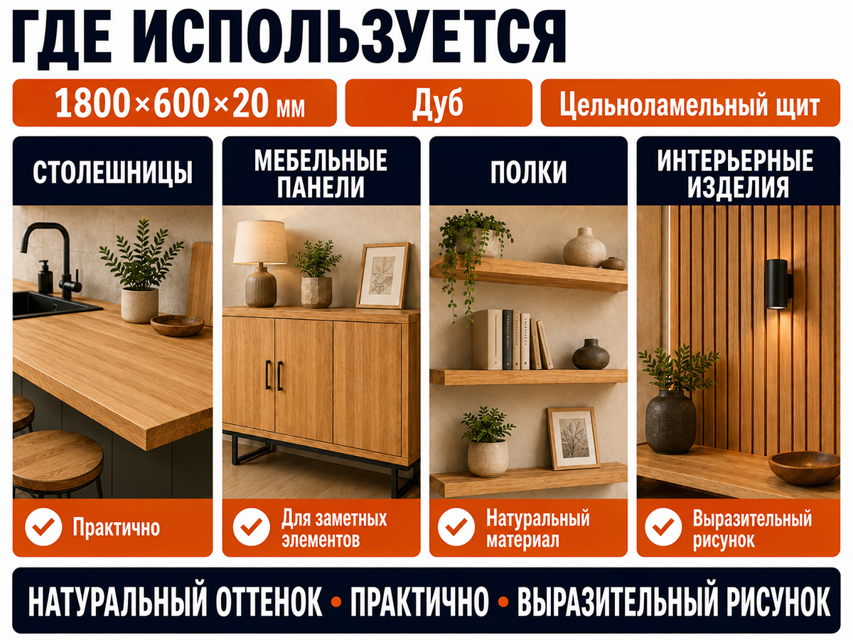 Мебельный щит из дуба цельноламельный, 1800×600×20 мм, сорт BC фото 4