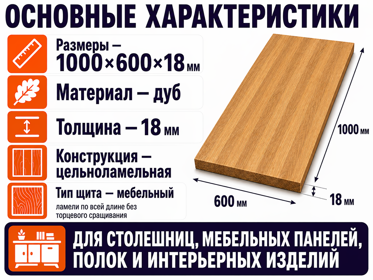 Мебельный щит из дуба цельноламельный, 1000×600×18 мм, сорт 2/3 фото 2