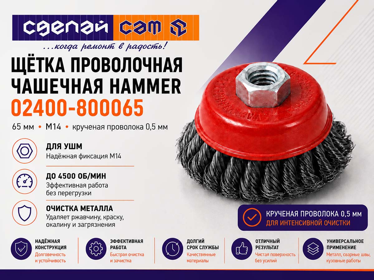 Щётка проволочная чашечная HAMMER 02400-800075, 75 мм, M14, крученая проволока