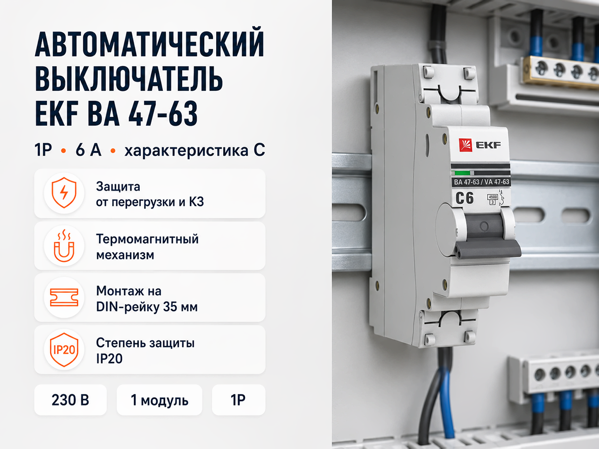 Автоматический выключатель ВА47 63, 1P, 6 А, C фото 6