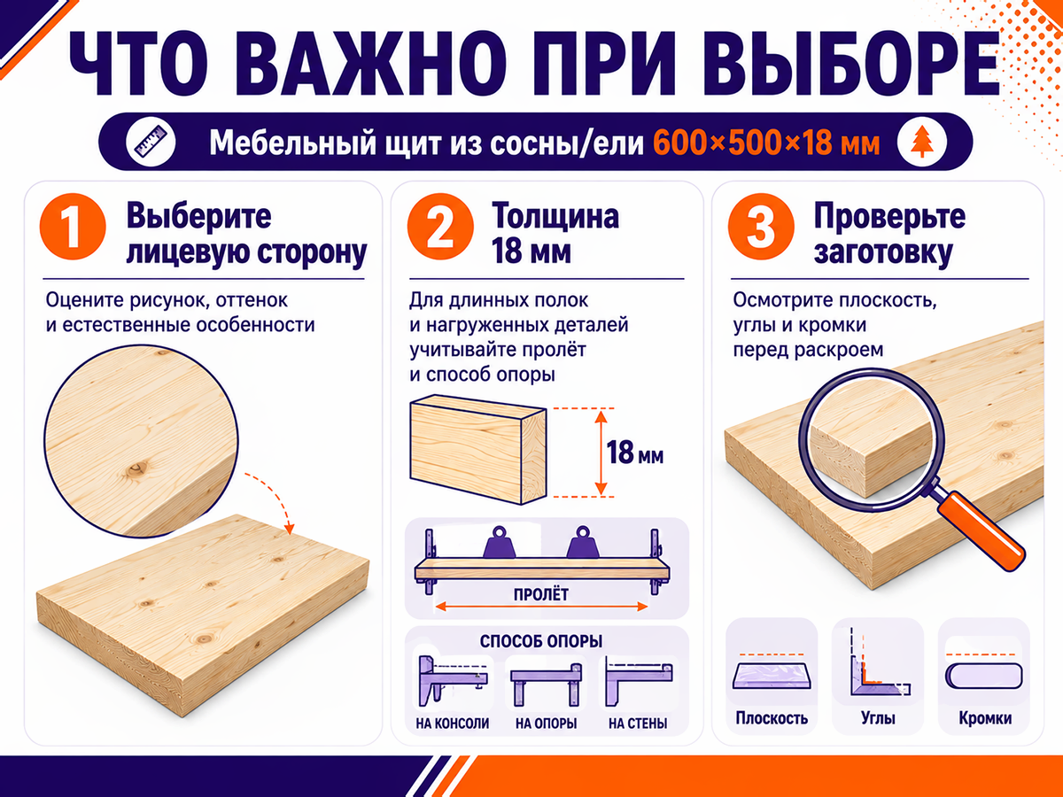 Мебельный щит из сосны/ели 600×500×18 мм, сорт 1/2