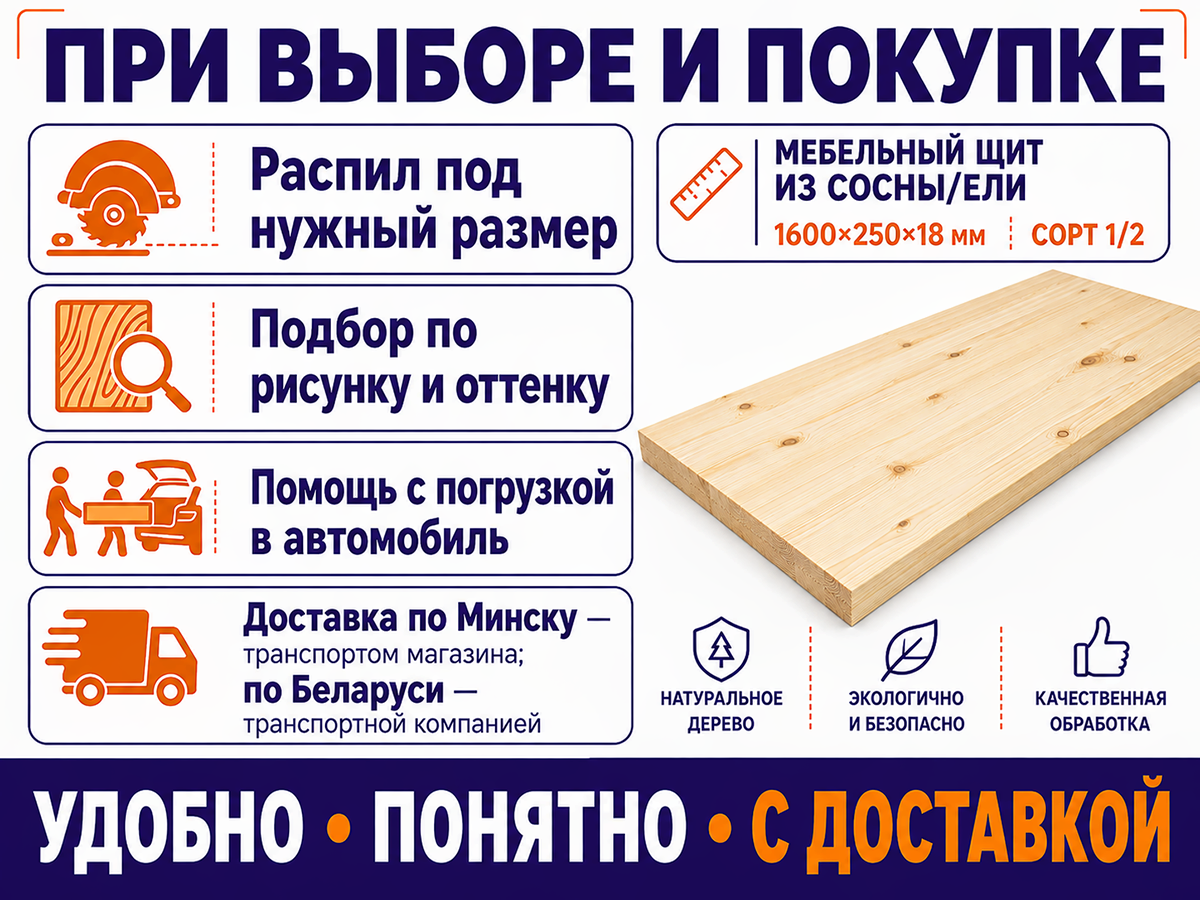 Мебельный щит из сосны/ели 1600×250×18 мм, сорт 1/2