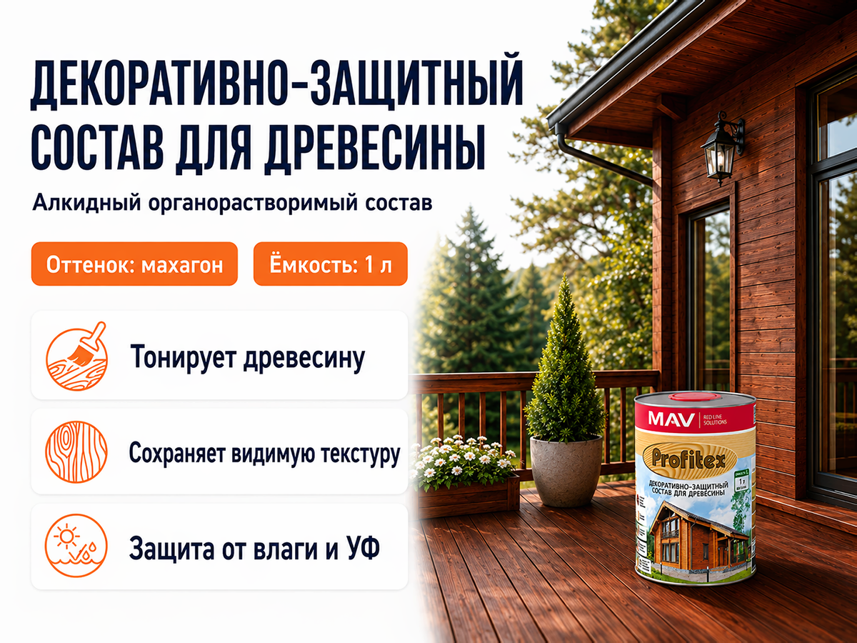 Состав PROFITEX декоративно-защитный для древесины «Махагон», 1 л (0,7 кг) фото 2