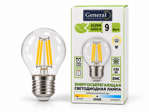 Лампа светодиодная General GLDEN G45S-B, 9 Вт, E27, 4500 К