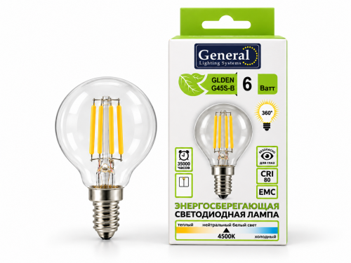 Лампа светодиодная General GLDEN-G45S-B, 6 Вт, E14, 4500 К