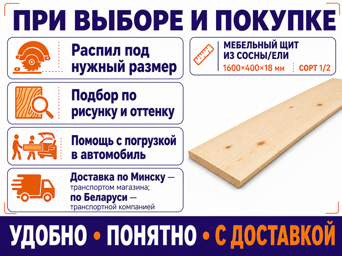 Мебельный щит из сосны/ели 1600×400×18 мм, сорт 1/2