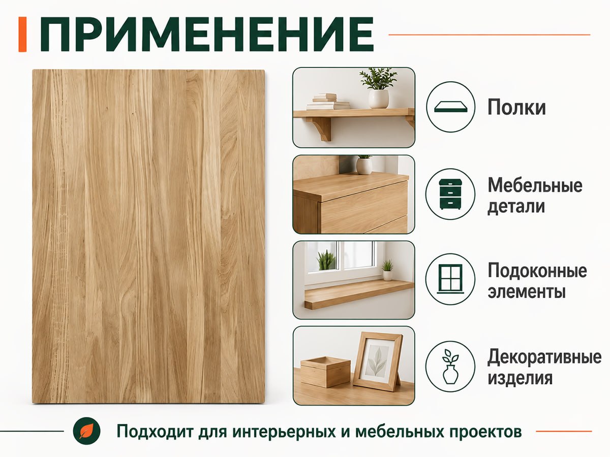 Мебельный щит из дуба 1300×200×20 мм, цельноламельный, сорт 1/2