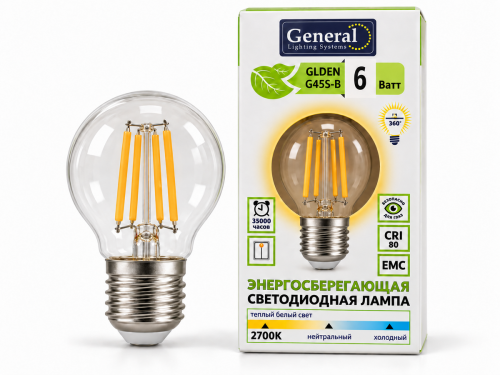Лампа светодиодная General GLDEN G45S-B, 6 Вт, E27, 2700 К