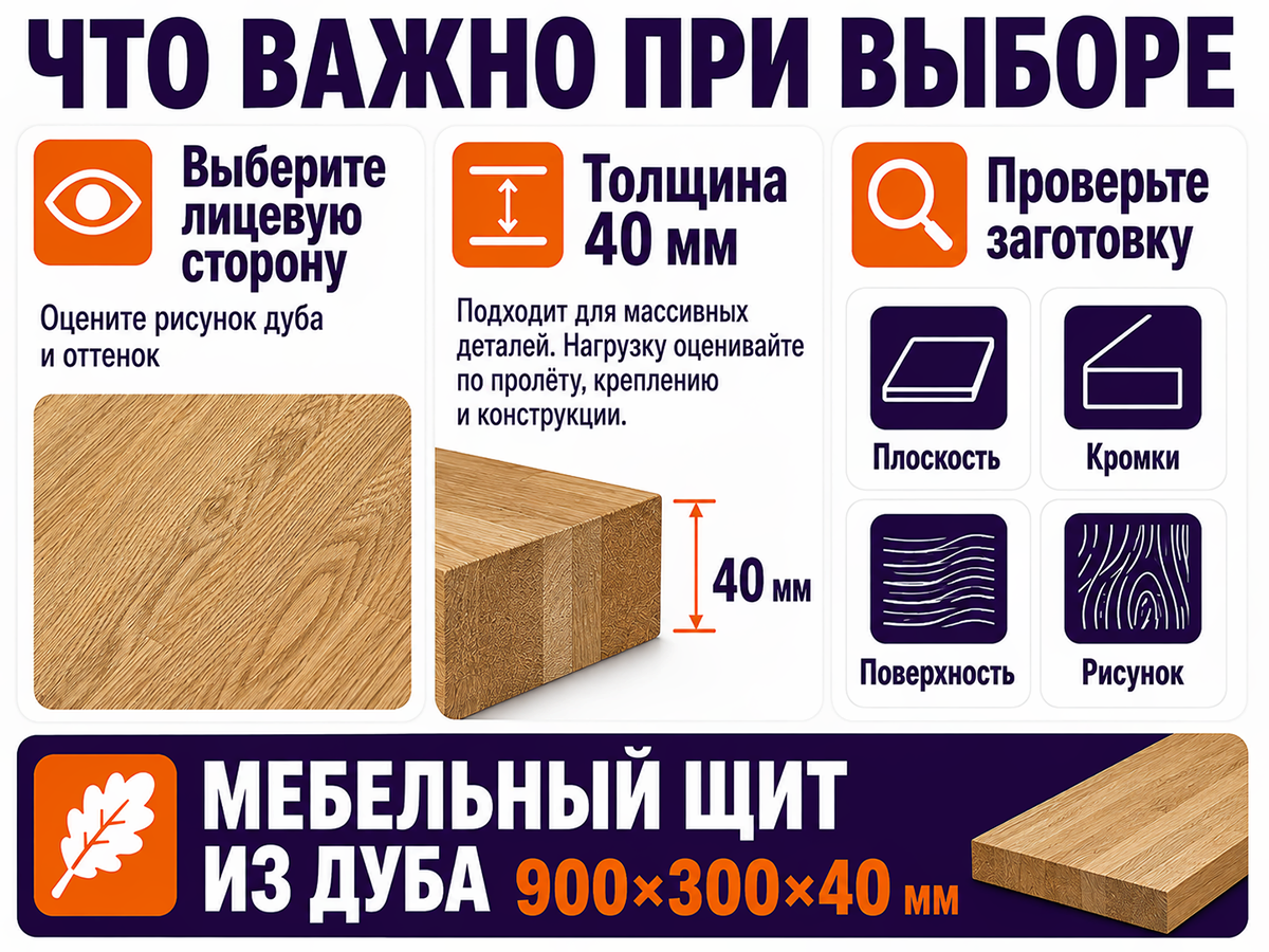 Мебельный щит из дуба 900×300×40 мм, сорт 2/3, цельноламельный фото 5