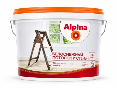 Краска акриловая Alpina Белоснежный потолок и стены, белая матовая, 2,5 л