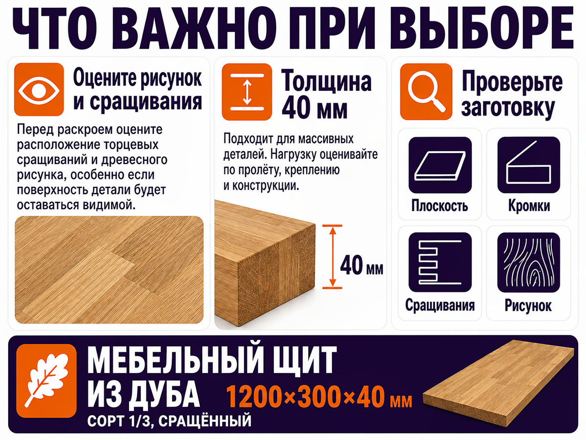 Мебельный щит из дуба сращённый, 1200×300×40 мм, сорт 1/3 фото 5