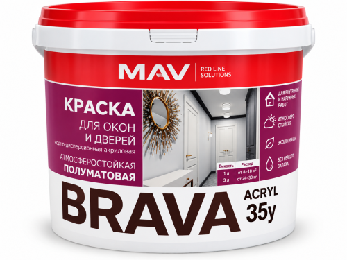 MAV BRAVA ACRYL 35у краска для окон и дверей, белая полуматовая, 3 л / 3,3 кг