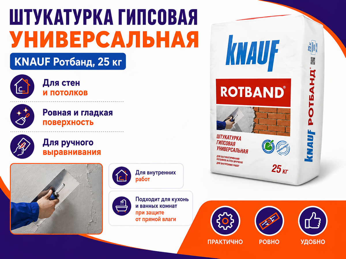 Штукатурка гипсовая универсальная KNAUF Ротбанд, 25 кг