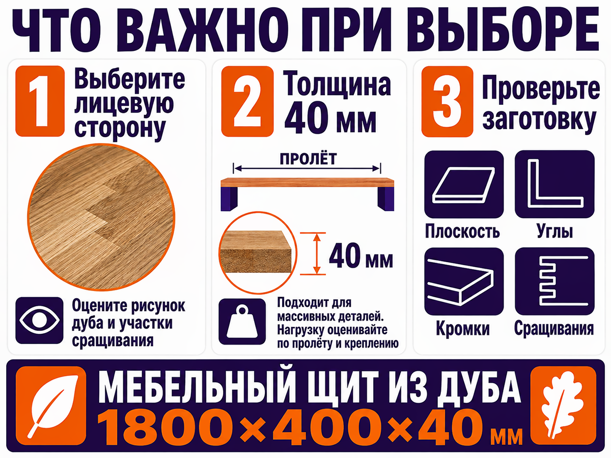 Мебельный щит из дуба сращённый, 1800×400×40 мм, сорт 3/3 фото 5