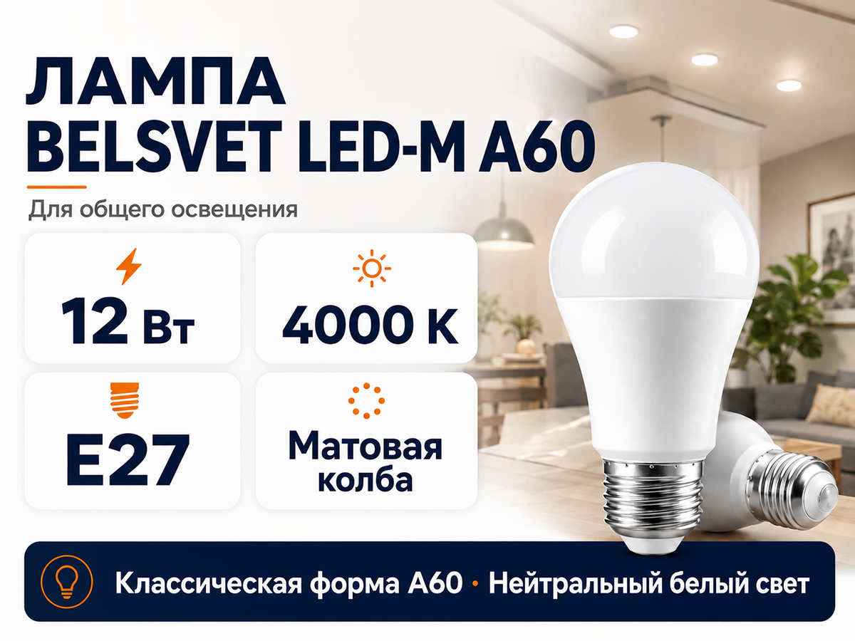 Белсвет лампа светодиодная LED M A60, 12 Вт, E27, 4000 K фото 5