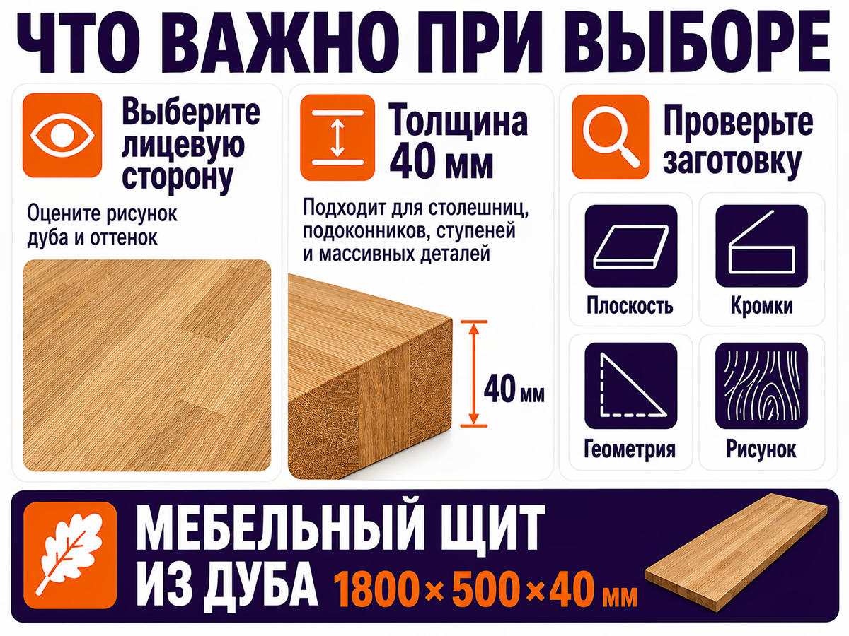 Мебельный щит из дуба цельноламельный, 1800×500×40 мм, сорт 2/3 фото 5