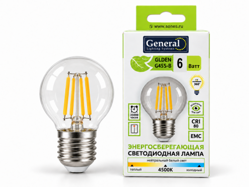 Лампа светодиодная General GLDEN G45S-B, 6 Вт, E27, 4500 К