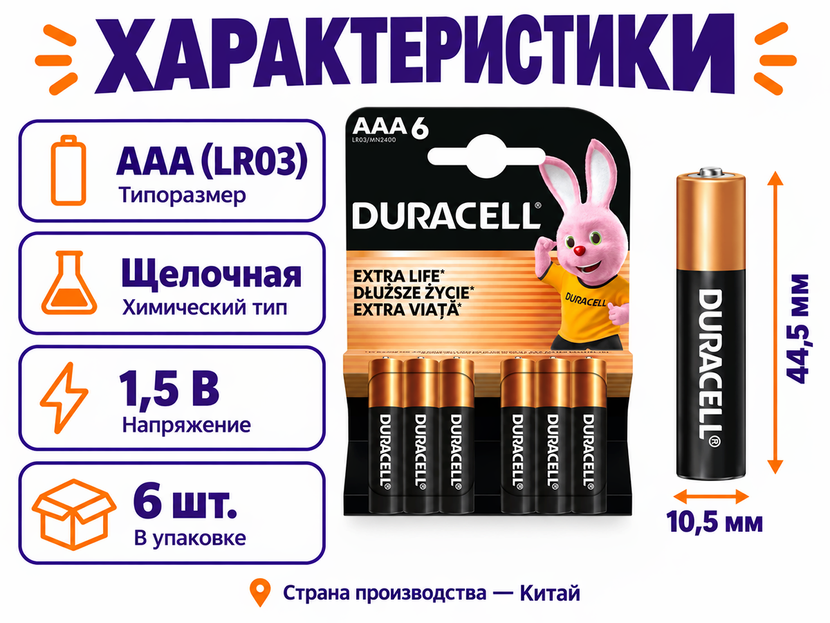 Duracell батарейки AAA (LR03), 1,5 В, 6 шт фото 2