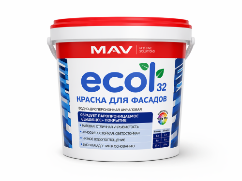 Краска фасадная MAV ECOL 32 ВД-АК-1032, белая матовая, 1 л (1,4 кг)