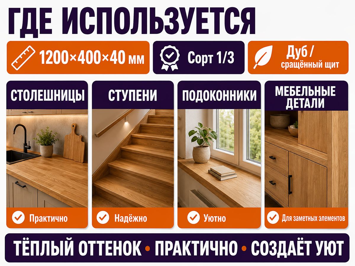 Мебельный щит из дуба сращённый, 1200×400×40 мм, сорт 1/3 фото 3