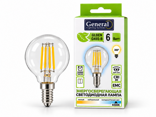 Лампа светодиодная General GLDEN-G45S-B, 6 Вт, E14, 6500 К