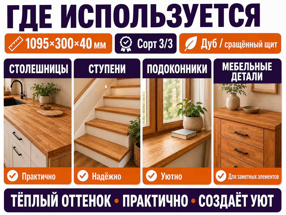 Мебельный щит из дуба сращённый, 1095×300×40 мм, сорт 3/3 фото 3