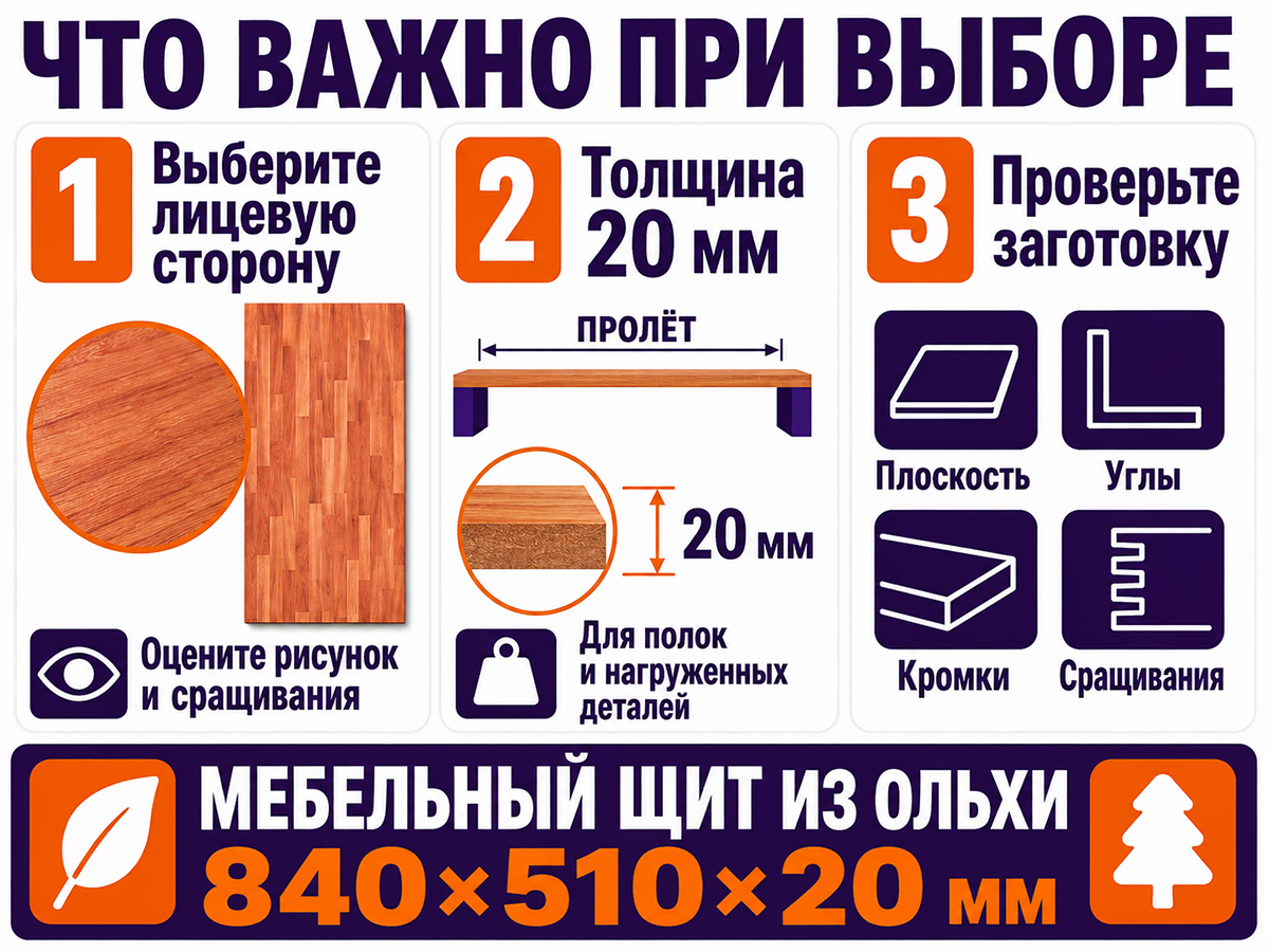 Мебельный щит из ольхи 840×510×20 мм, сорт 2/2, сращённый