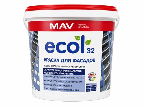 Краска акриловая фасадная MAV ECOL 32 ВД-АК-1032, белая матовая, 5 л / 7 кг