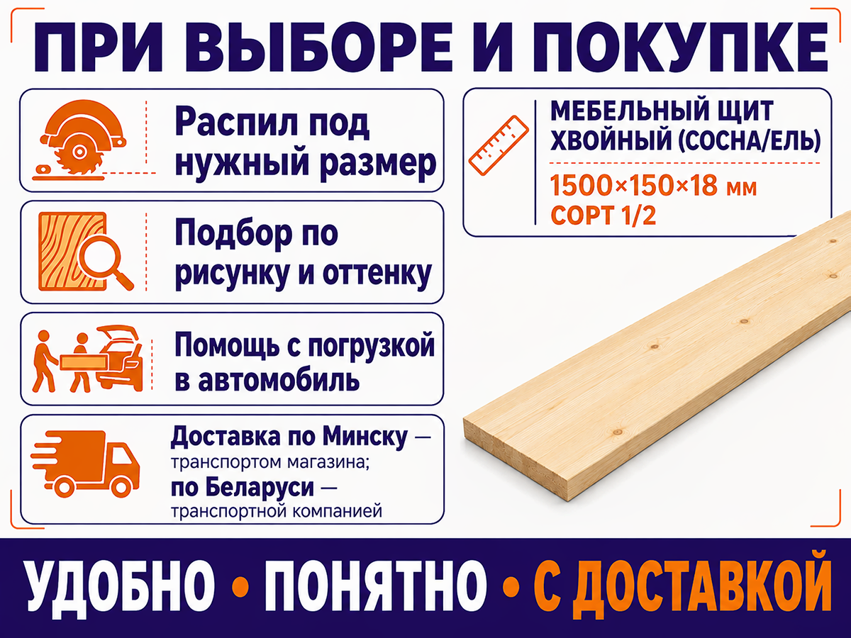 Мебельный щит из сосны/ели 1500×150×18 мм, сорт 1/2