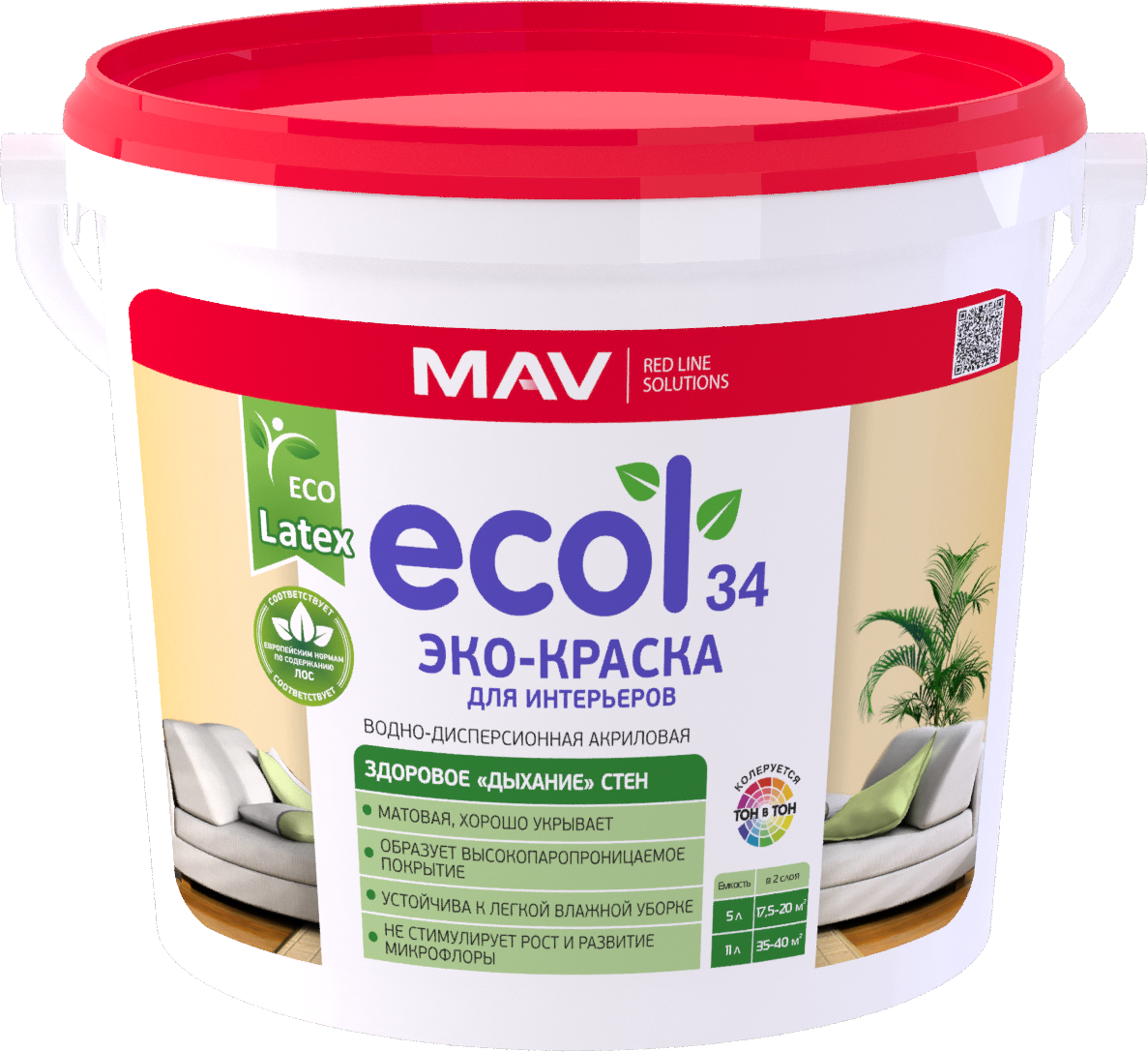 ЭКО-Краска MAV ECOL 34 для интерьеров (ВД-АК-2034) белая матовая  1л (1,4 кг)